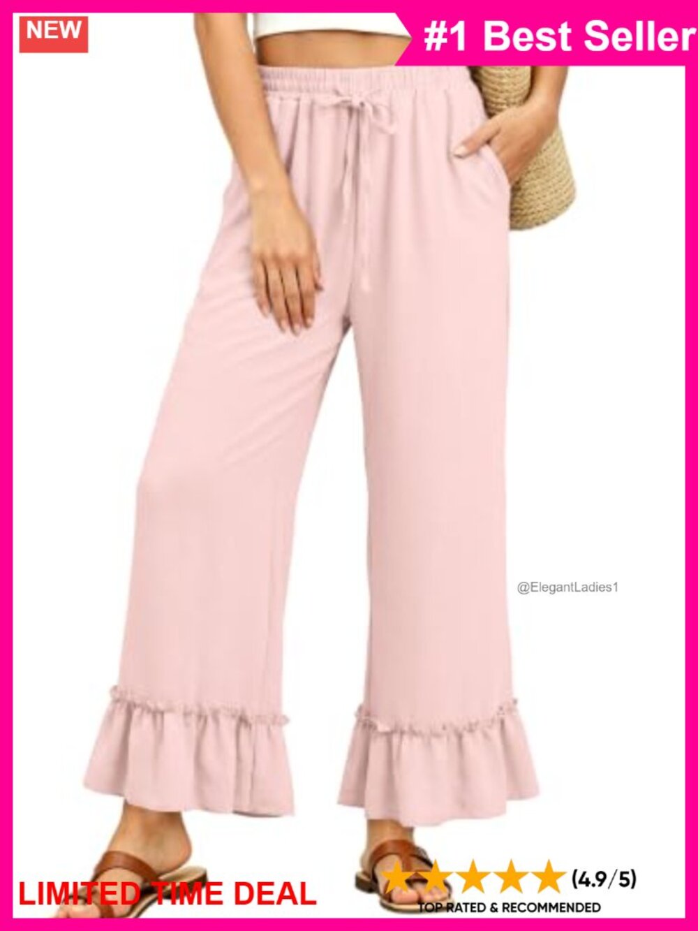 Wide Leg Palazzo Pants Ruffle Hem Trousers with Pockets